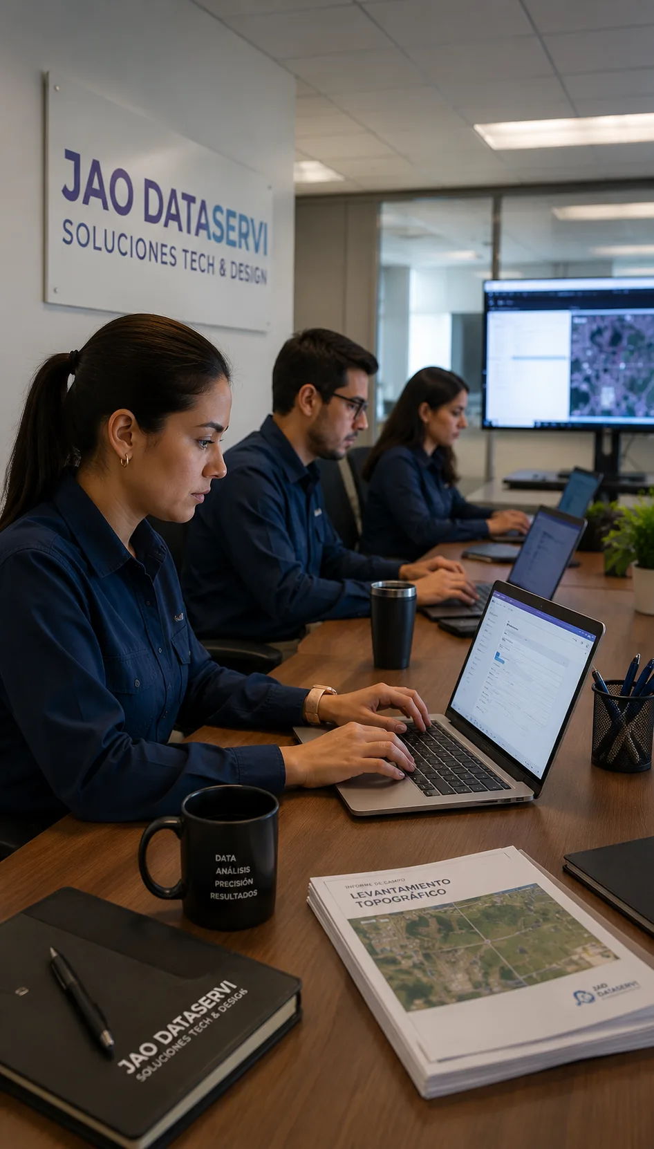 Equipo de JAO DataServi digitando y procesando datos de informes de avalúo en la oficina